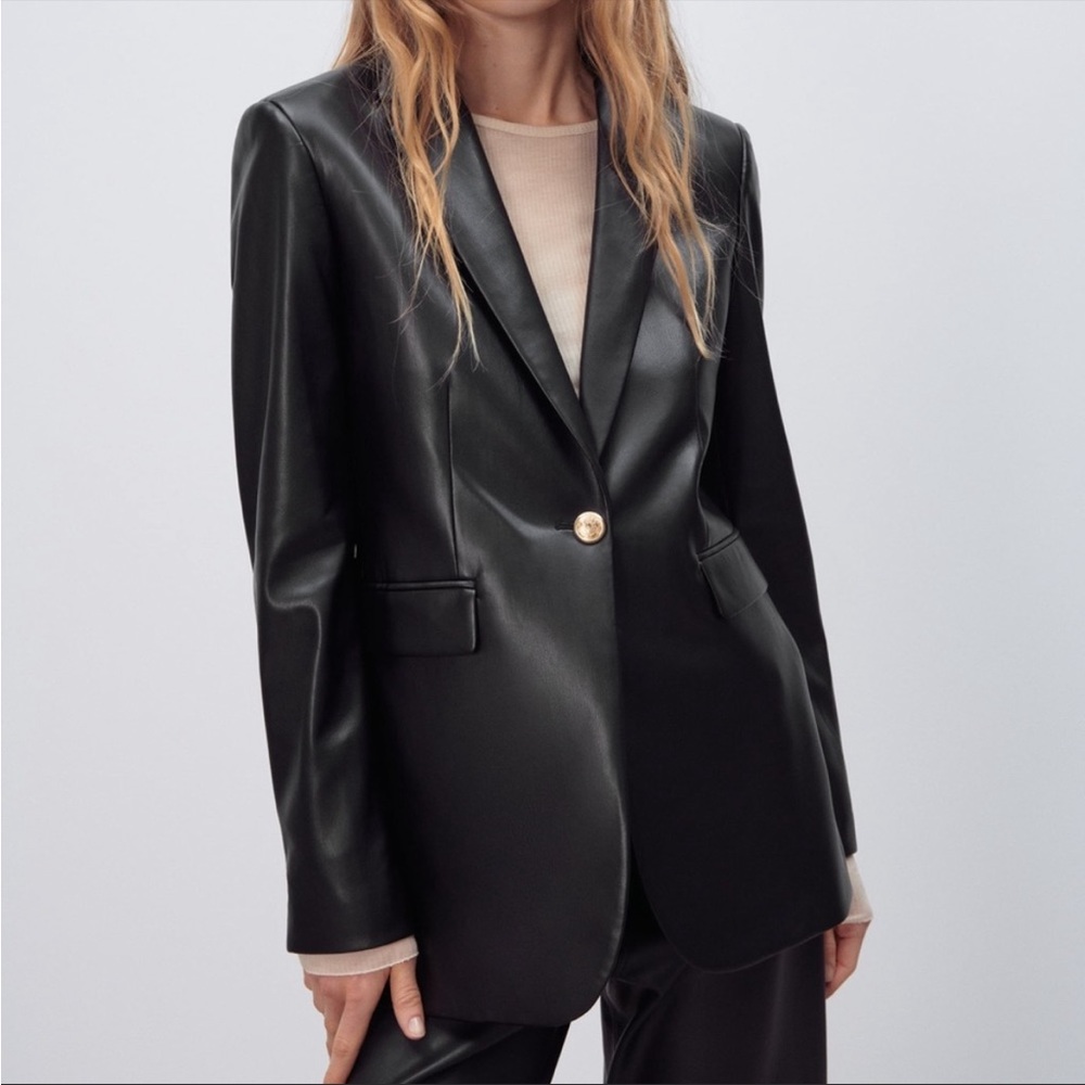 Zara Black Leather Blazer with Gold Buttons